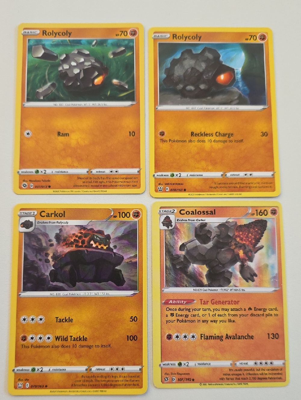 Pokemon Rolycoly, Carkol, And Coalossal Cards
